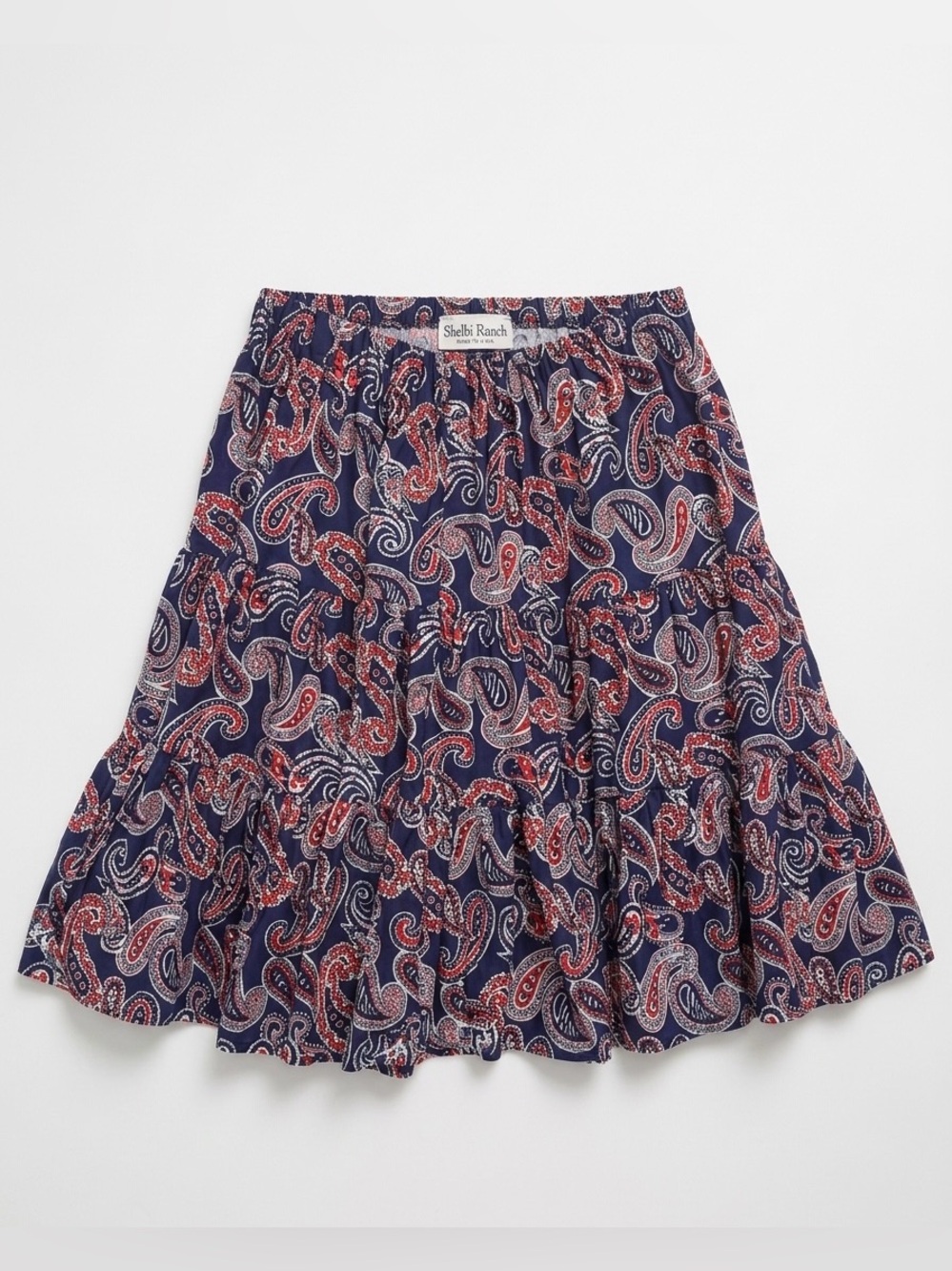 Vintage Shelbi Ranch Red Blue Paisley Tiered Mini Skirt OS Boho